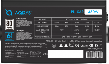 Блок питания AQIRYS PULSAR 450W - купить геймерскую периферию AQIRYS
